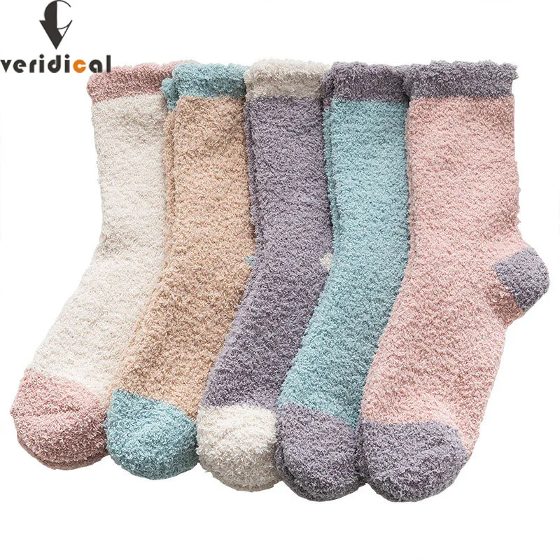 

5 Pairs Women Short Socks Winter Thin Coral Velvet Solid Soft Elastic Cute Keep Warm Sleep Floor Harajuku Terry Socks Thick