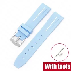 Curved End Silicone Sport Watch Band - Soft Rubber Strap 20mm for 20mm (Baby blue white)