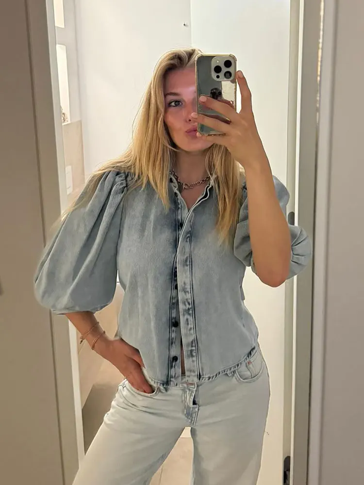 HH Women Elegant Blue Denim Blouse Single Breasted Lapel Puff Sleeve Shirt Female Fashion Streetwear Y2K Lady Chic Tops