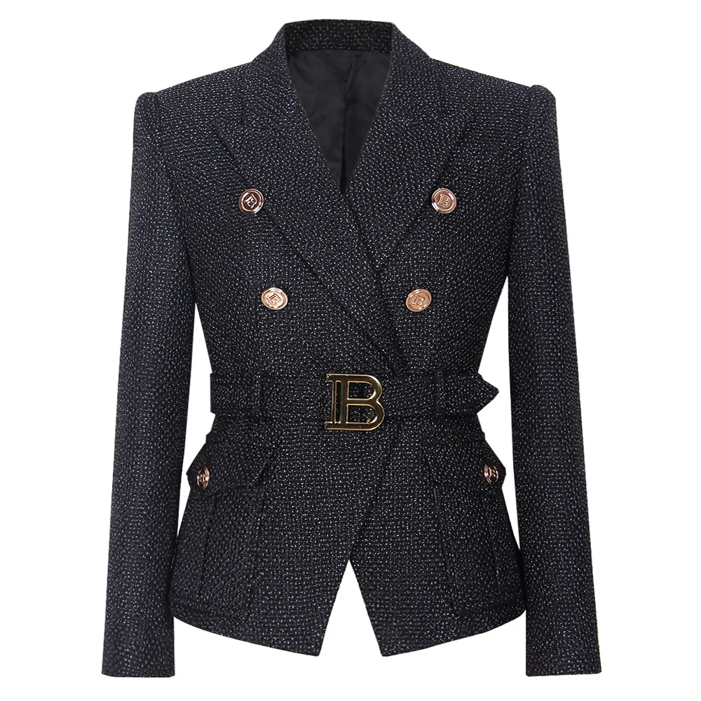 Women Blazers With Metal Belt Fashion Patchwork Black Casual Ladies Jacket Tops Chic High Quality Double Breasted Bodycon Coats