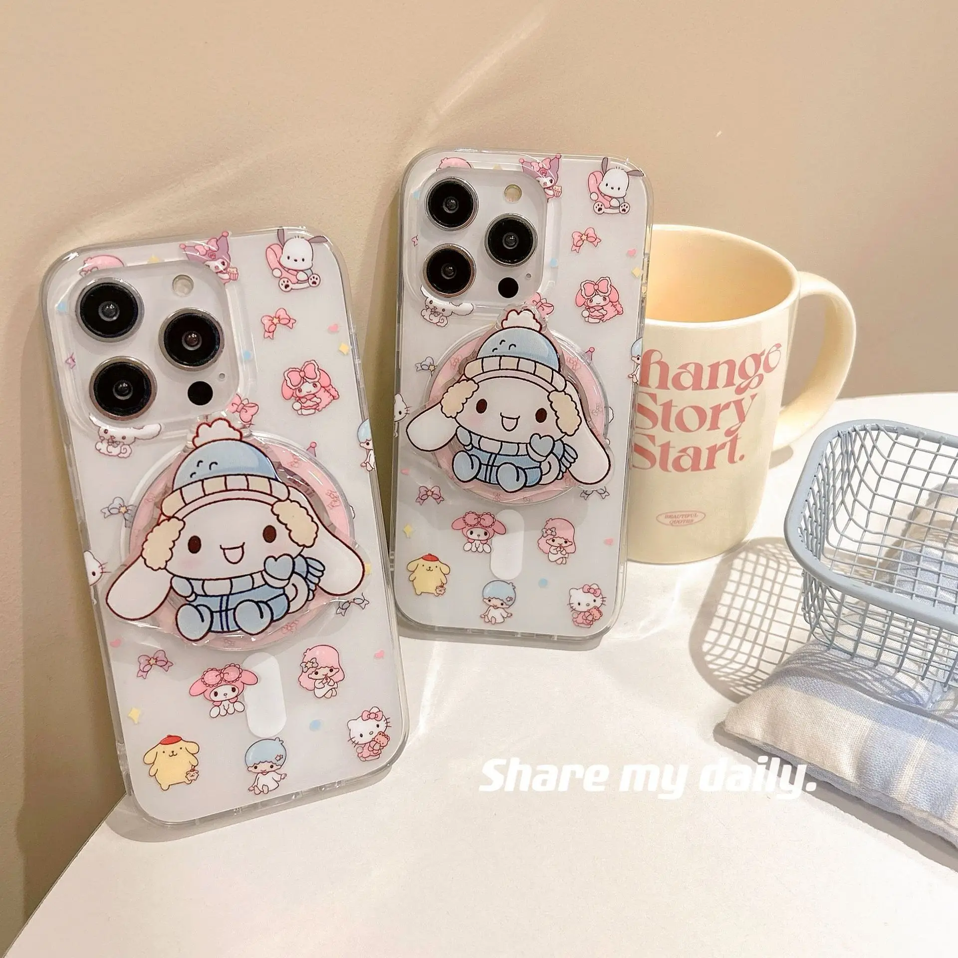 

MINISO мультфильм Sanrio подходит для IPhone14pro Магнитный телефон Чехол 13 Новый Apple 15promax Кронштейн 12 пространств