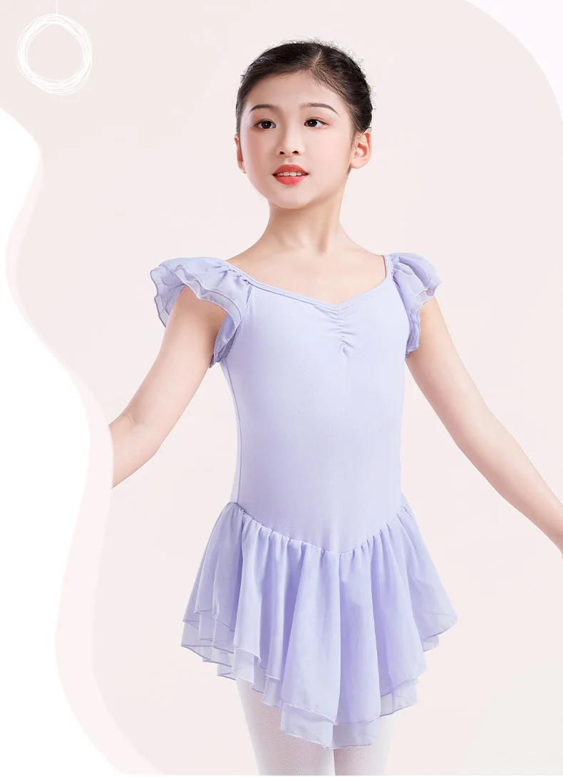 Mädchen-Balletttrikots, rosa Ballettkleid, 2-lagiges Netzkleid, Rüschenärmel, Ballett-Tanzkostüme, Baumwolle, Gymnastik-Bodys – Detail 1