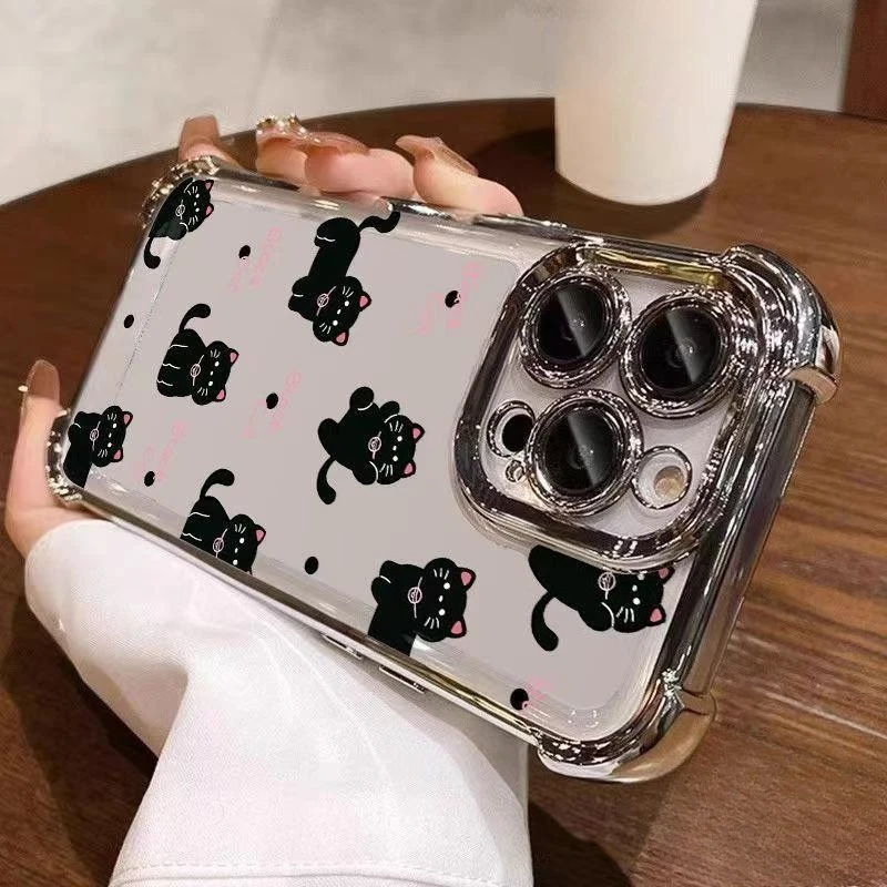 Luxury Black Cat Phone Case with Plated Soft Back Cover