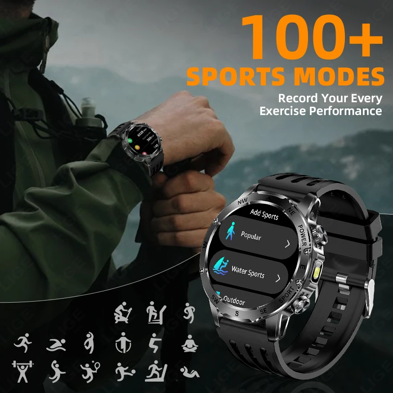 LIGE New 800mAh Super Capacity Battery Men Smart Watch 1.53" HD Bluetooth Call Compass LED Flashlight IP68 Sports Smartwatch Man