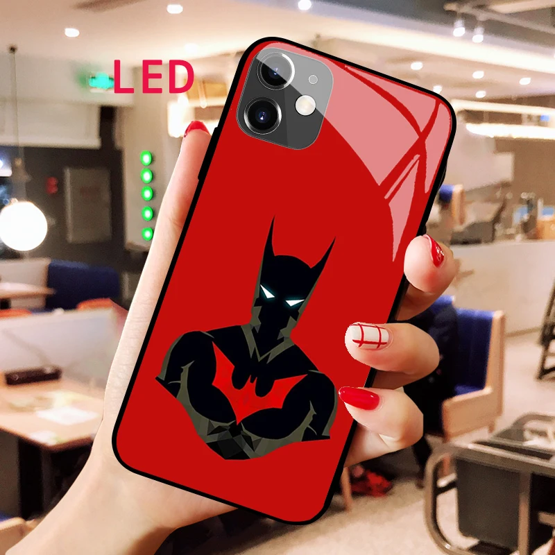 BatMan Luminous Tempered Glass phone case For Apple iphone 12 11 Pro Max XS mini Acoustic Control Protect LED Backlight cover pattern printing tempered glass tpu back case for iphone 12 pro 12 moon picking man