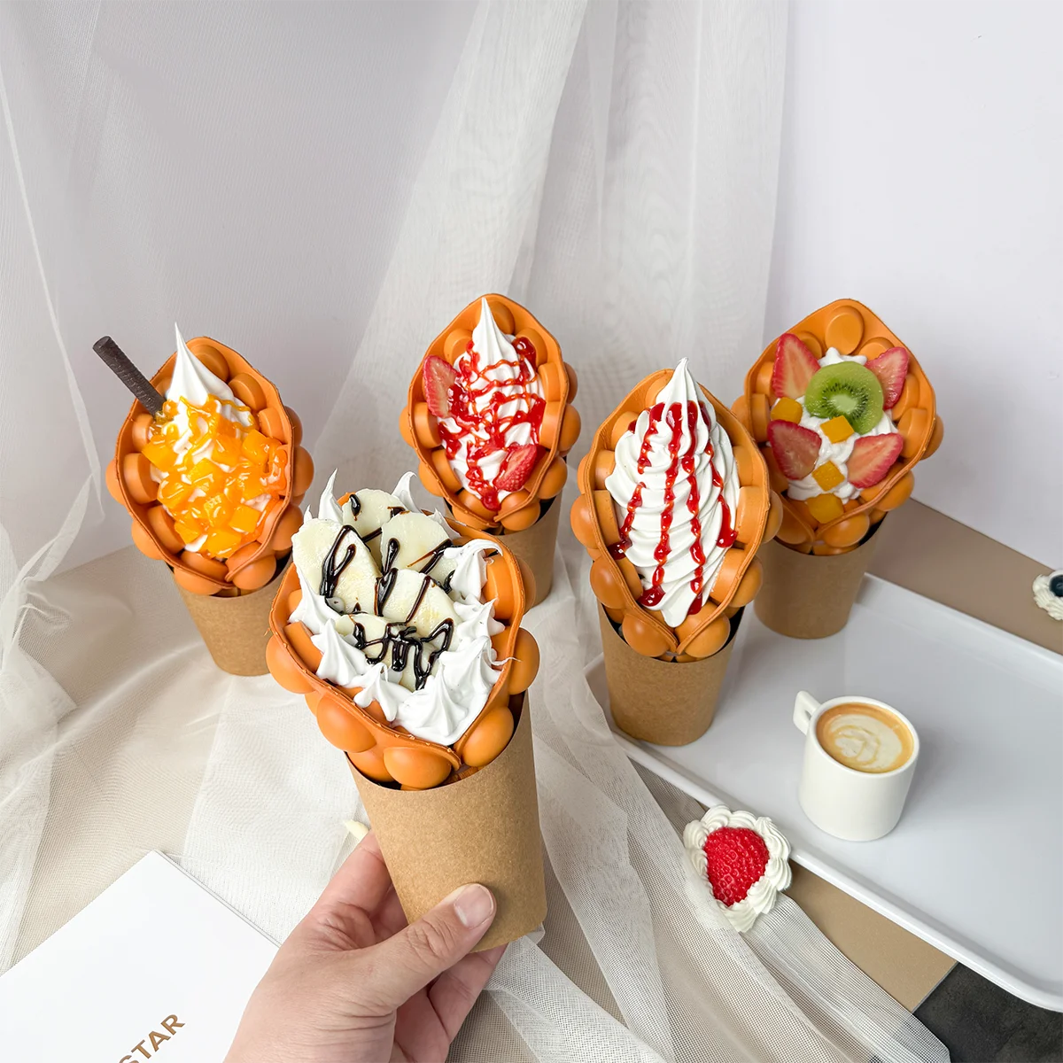 Fake Food Simulation Props Sample Display Egg Chocolate Bubble Waffle Porp Ice Cream Colorful Raspberry Lifelike Hongkong Lotus