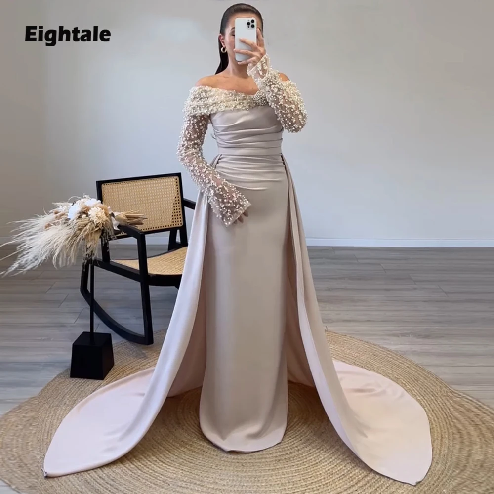 Eightale Arabic Evening Dress off Shoulder Sequin Pearls Long Sleeves  Customized Mermaid Wedding Party Dress Vestido De Noche - AliExpress 320