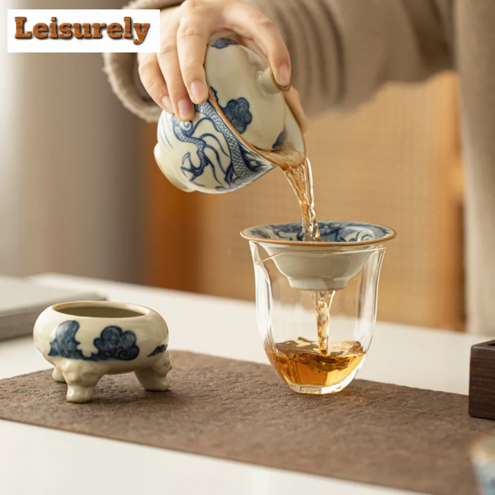 Boutique Blue and White Tea Infusor Dragon Patterned Herbal Tea Tea Strainer Household Tea Brewing Tea Filter Cha Teaset Craft