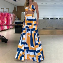 

Ellafads Women's Two Piece Set Suspender Geometric Printed Suit Sets Sexy Short Top Maxi Dresses