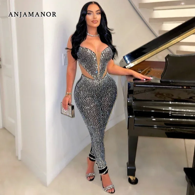 

ANJAMANOR Sparkling Diamond Mesh Black Jumpsuit Women 2023 Sexy One Pieces Bodycon Jumpsuit Birthday Party Club Outfits D35-GE51