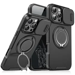 Luxury Armor Magnetic Bracket Case with Slide Camera Protection and Holder Cover - iPhone 15 Plus (Black)