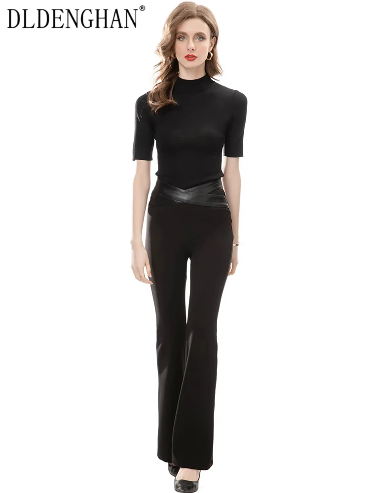 

DLDENGHAN Autumn Suit Women Short Sleeve knitting Pullover Tops+Flare Pants Office Lady Two-Piece Set Fashion Designer New