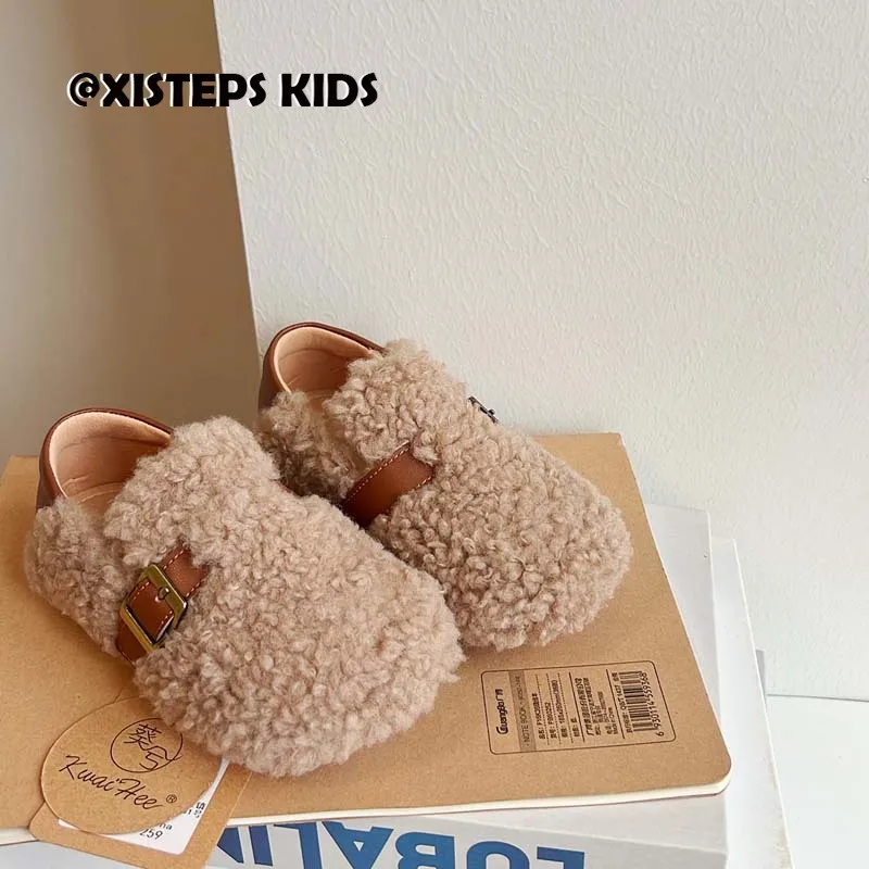 

Children Girls Boys Autumn Winter Polar Fleece Flat Shoes Beige Brown Khaki Toddler Warm Loafers Kids Casual Shoes 2023