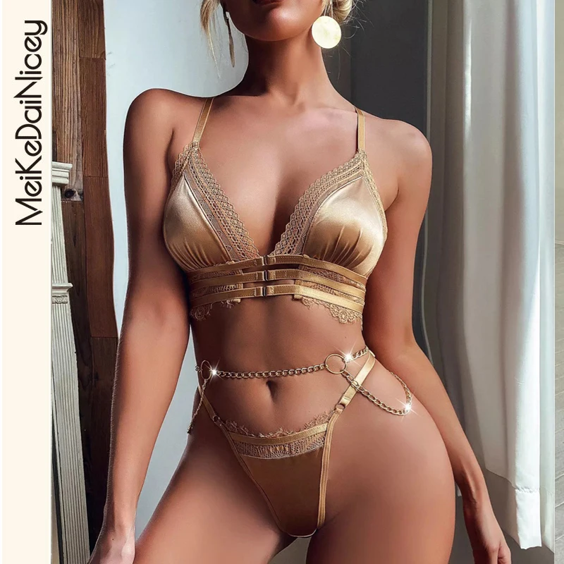 

MeiKeDaiNicey Velvet Sexy Lingerie Lace Patchwork Underwear with Chain Garters 3-Piece Eroric Bilizna Set Short Skin Care Kits