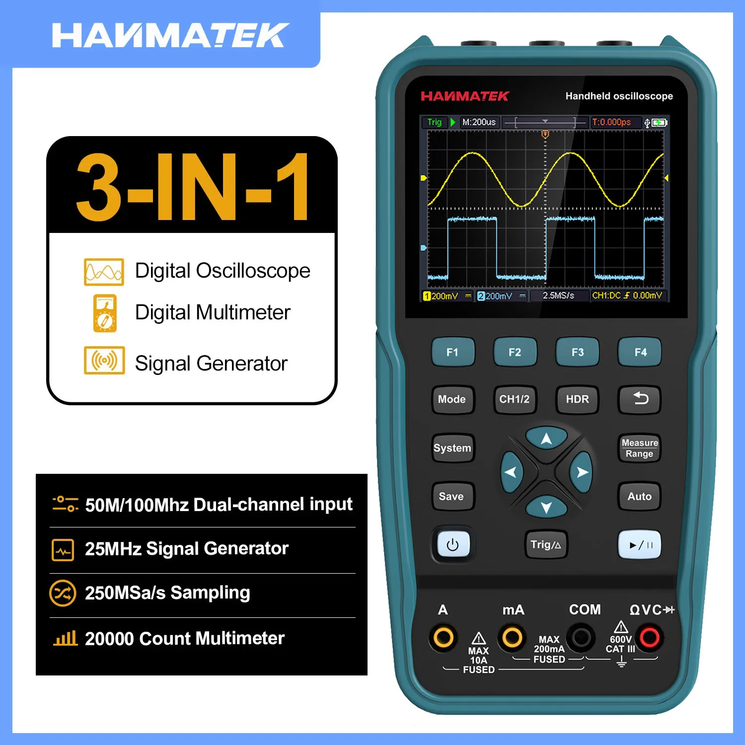 DM40 3-in-1 Digital Oszilloskop & Multimeter & Signalgenerator – 50 MSa/s, 10 MHz, Handheld Für Kfz-Diagnose Und Elektronik