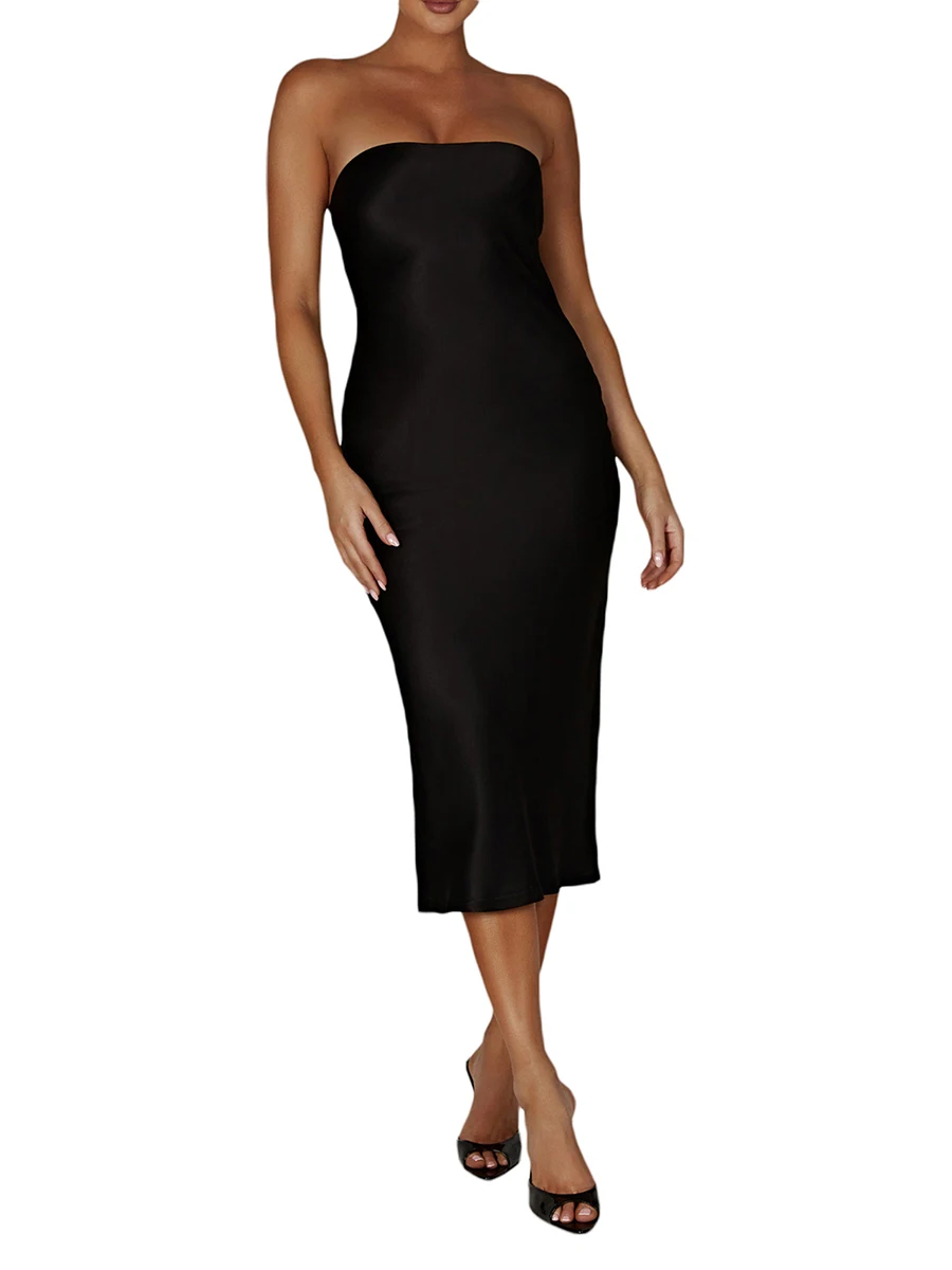 

Fashion Women's Satin Tube Dress Sleeveless Strapless Solid Color Bodycon Long Dress Party Gown Streetwear