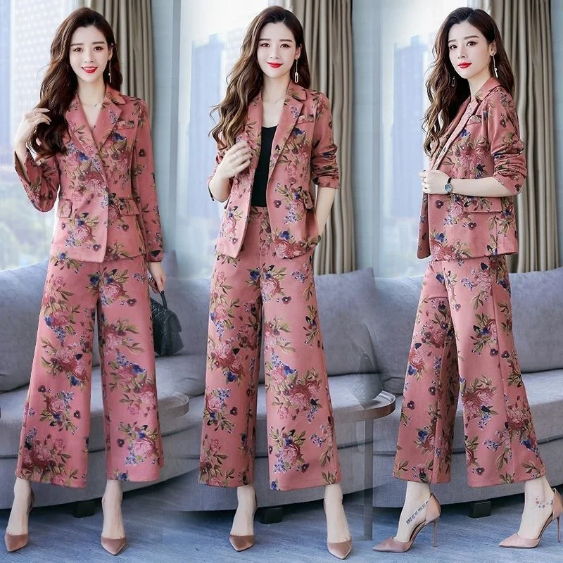 2022 Women Autumn Printed Small Suit Female New Slim Foreign Temperament Pants Suit Korean Wide-Leg Pants Three-Piece Suit A1188 summer temperament suit women s 2022 new large korean casual elegant women s sling shirt pink pants three piece set