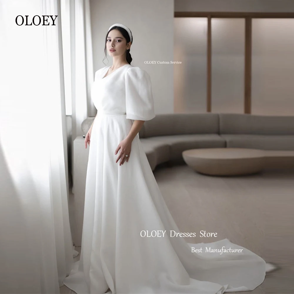 

OLOEY Vintage Simple A line Arabic Wedding Dresses Korea Organza V Neck Puff Sleeves Sweep Train Bridal Gowns Robe de mariage