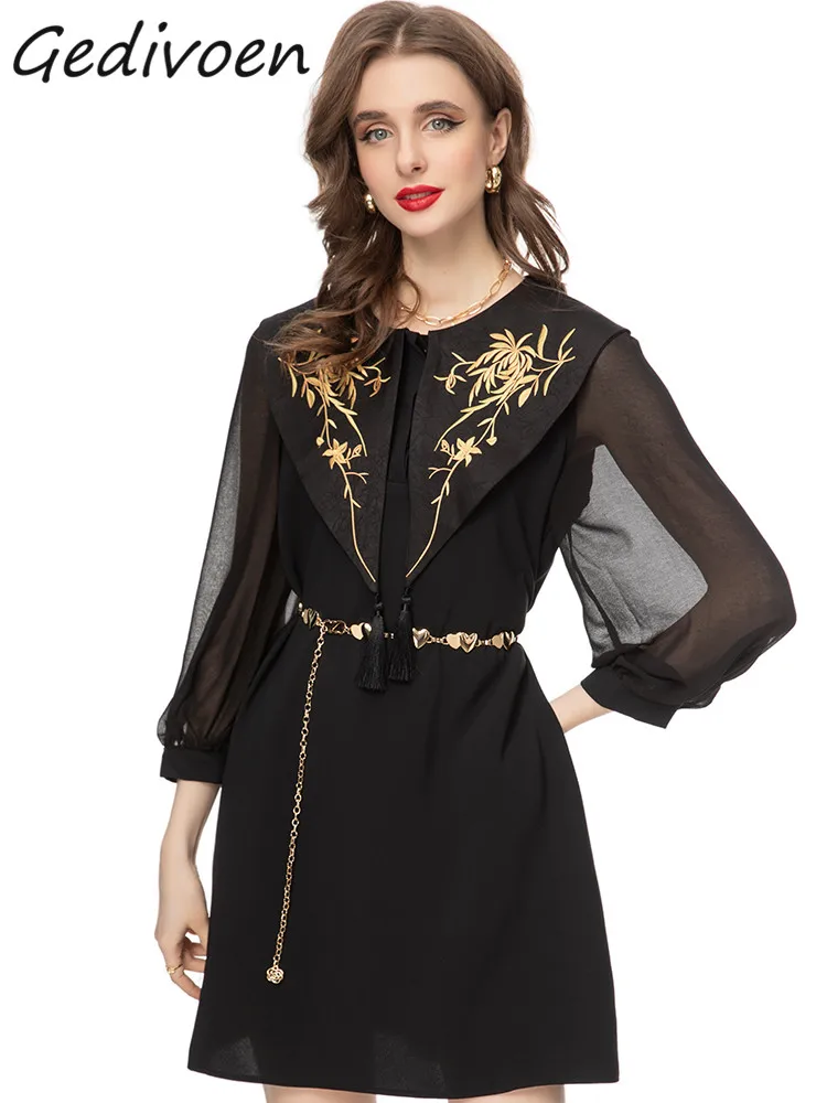

Осеннее модное Дизайнерское черное винтажное комбинированное платье Gedivoen, женское облегающее мини-платье с круглым вырезом, вышивкой, металлической цепочкой и присборенной талией