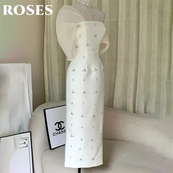 ROSES White Elegant Prom Dress Pleats Crystal Formal Gown with 3D-Bow Back Bright Satin Party Dress for Woman 프롬 드레스 Customized 1