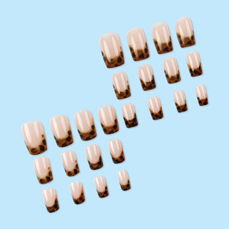 24개입 가짜 손톱 레오파드 프린트 프렌치 팁 유로 스타일 사각형 중간 길이 프레스온 네일 소녀와 친구들을 위한 완벽한 선물