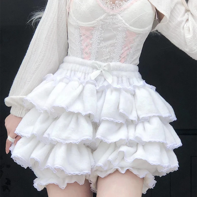 Harajuku Y2k Sweet Pink White Velvet Pumpkin Pants Lolita Bloomers JK Plush Shorts Japanese Kawaii Ruffles Lantern Shorts