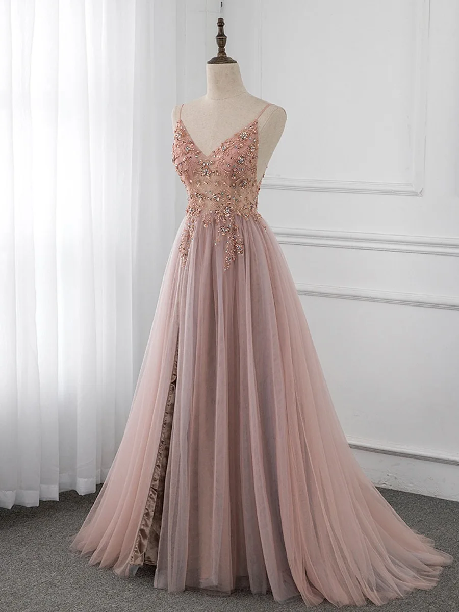 Luxe Dusty Roze Bruidsmeisje Jurken Spaghettibandjes V-hals Steentjes Kralen Crystal Wedding Paety Formele Prom Avondjurken