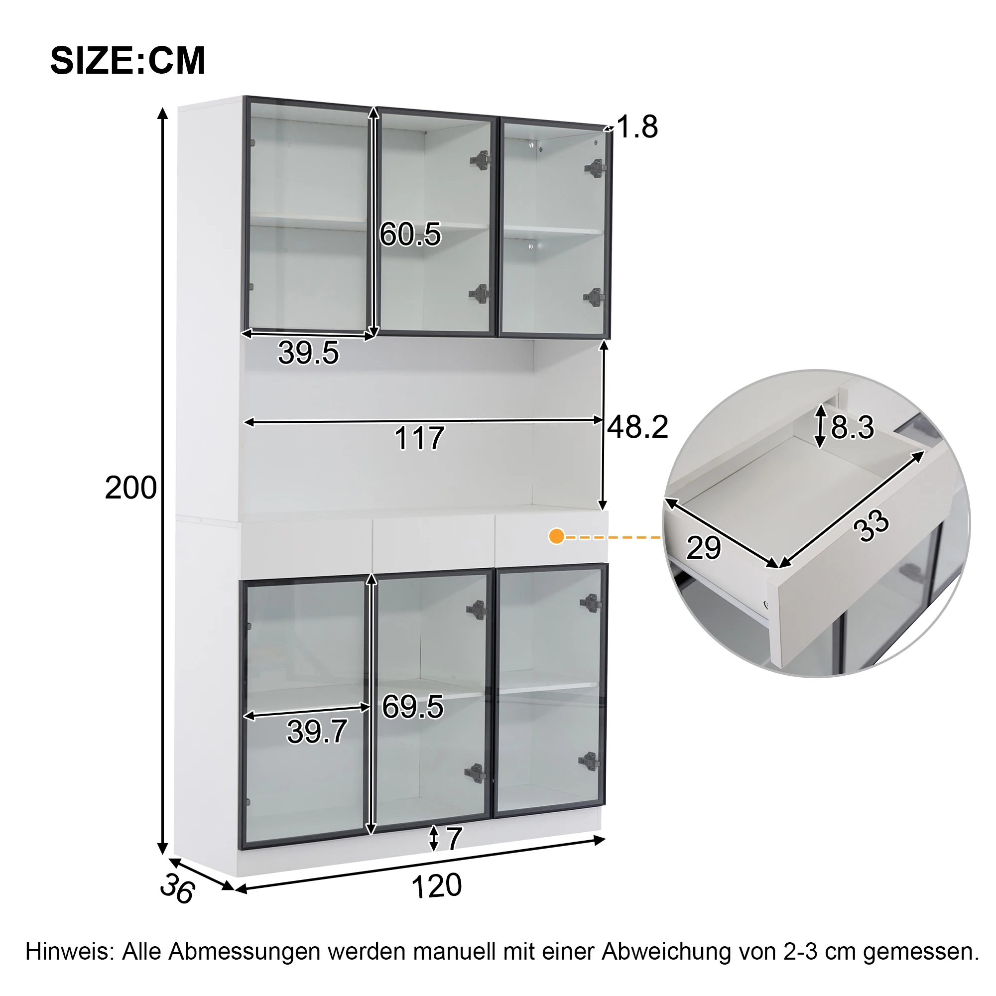 Glastürenschrank, 200 cm hoch, weißer Vitrinenschrank mit LED-Beleuchtung, Mehrzweck-Bücherregal für Sammlungen, Schlafzimmer – Detail 13