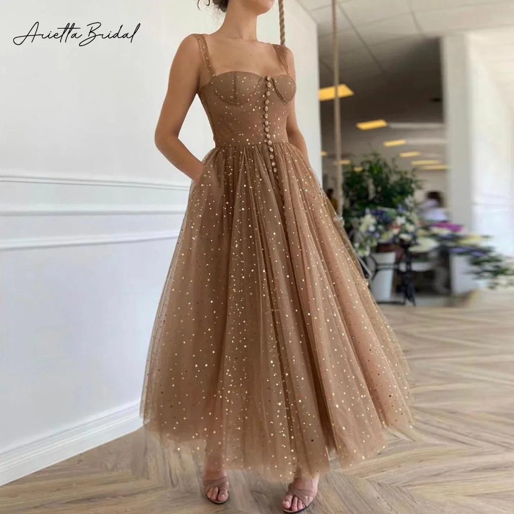 

Arietta Sparkly Brown Starry Tulle Midi Prom Dresses Sweetheart Spaghetti Straps Buttoned Tea-Length A-Line Evening Party Gowns