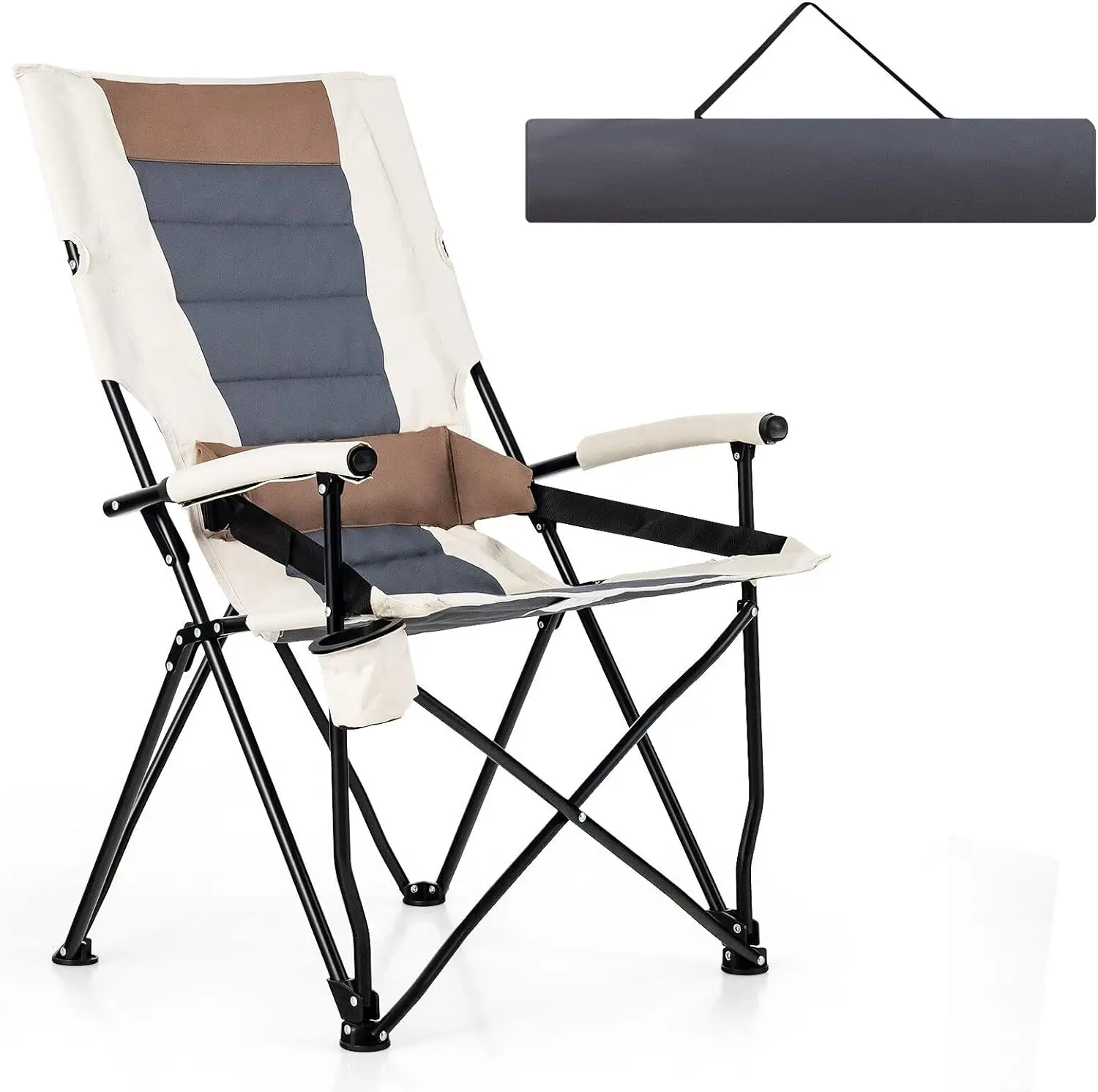 Camping Chairs, Portable Lumbar Back Beach Chair Heightened Design for Adults w/Cup Holder & Carrying Bag, Folding Chair