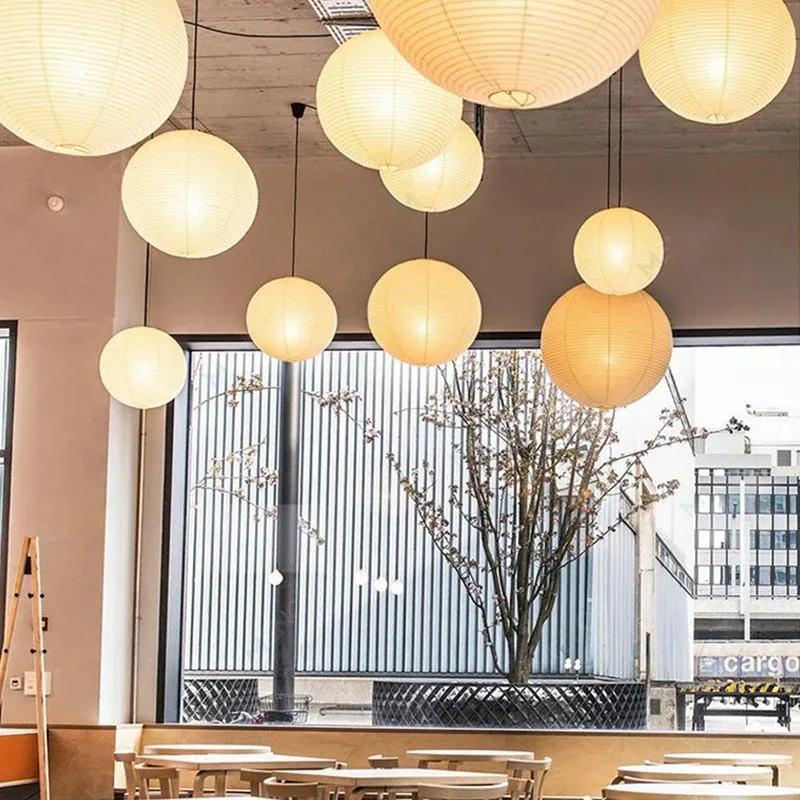 Nordic Wabi Sabi Wind Round Rice Paper Led Pendant Lights Living Dining Room Bedroom Loft Restaurant Bar Home Decor Chandelier 6
