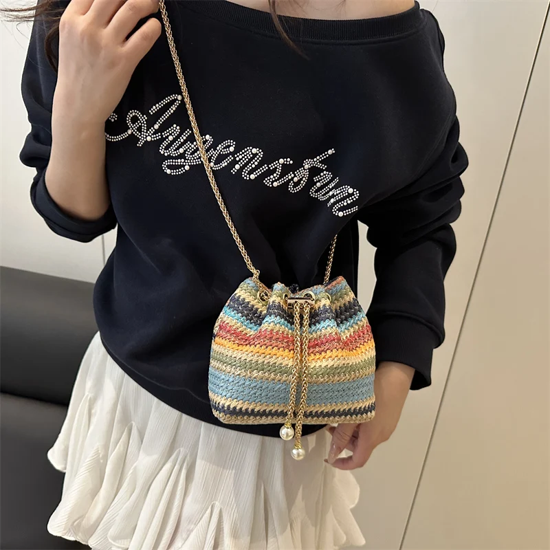 Bohemian Vacation Damen-Umhängetasche, gewebte Colorblock-Ketten-Streifen-Bucket-Bag, leichte Schultertasche mit verstellbarem Riemen – Detail 12
