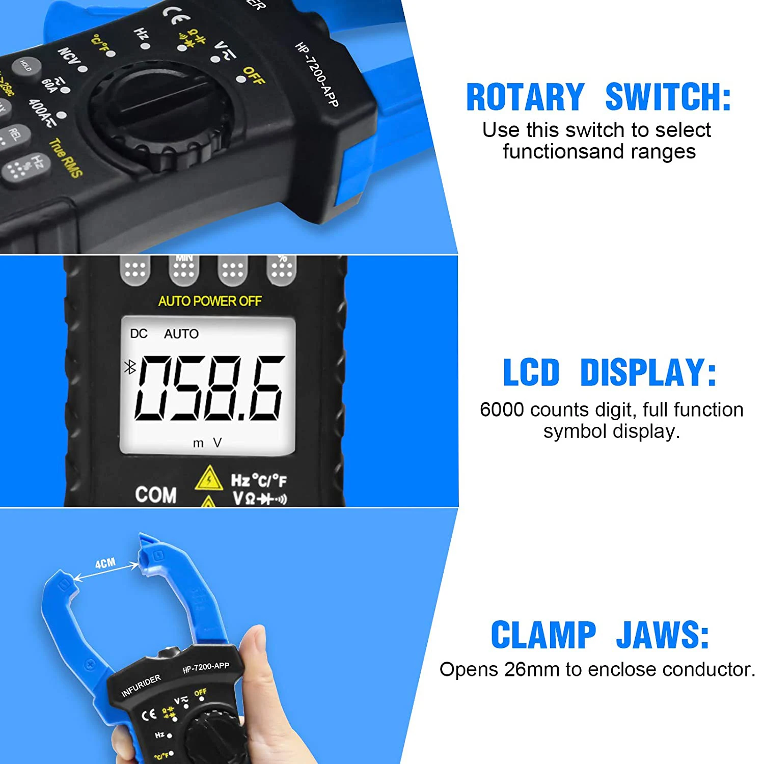 HoldPeak Wireless Bluetooth Clamp Meter HP-7200APP 6000 Count Auto Range Bluetooth MultimeterDC/AC True RMS Continuity Buzzer