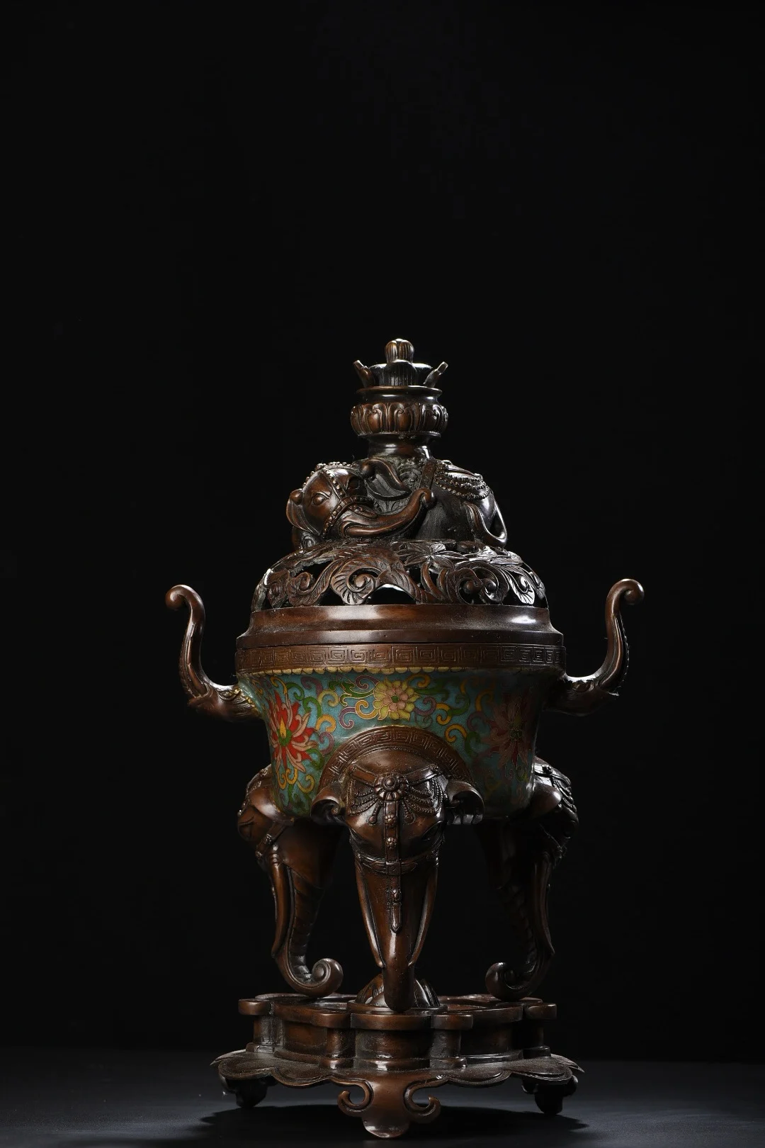 

16"Tibetan Temple Collection Old Bronze Cloisonne Enamel Taiping Elephant Statue Elephant Head incense burner Base Ornaments
