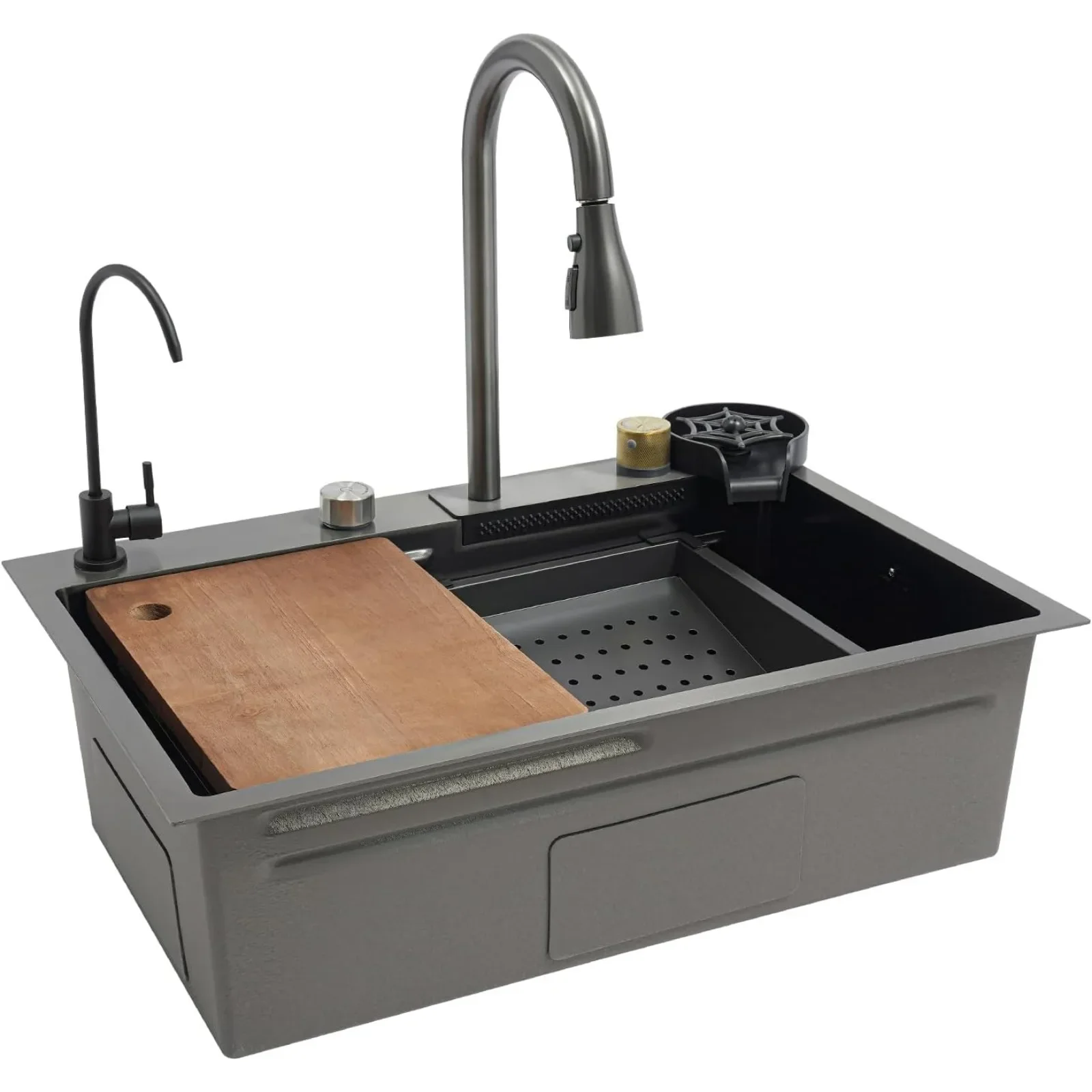 BYMAOCAR Stainless Steel Sink, Kitchen Sink with Extendable Tap, Household Sink Set, Stainless Steel Waterfall Sink 68x45 x21 cm
