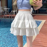 Pleated A-Line Skirt Women White Ruffle Sweet Tierred Pretty Style Skirt Elastic Waist Summer Slim Basic Korean Harajuku Dress 1