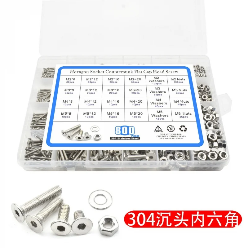 

880pcs Flat Head in Hexagonal Screw 304 Stainless Steel Countersunk Head Hexagon Box Screws Assembling Bolts Screws