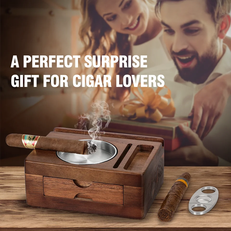 Posacenere In Legno E Acciaio Inox Per Sigari, Grande, Marrone. Design Lussuoso Con Scanalature Profonde E Supporto Per Sigari. Perfetto Come Regalo Per Uomo, Per Interni Ed Esterni, Patio E Bar.