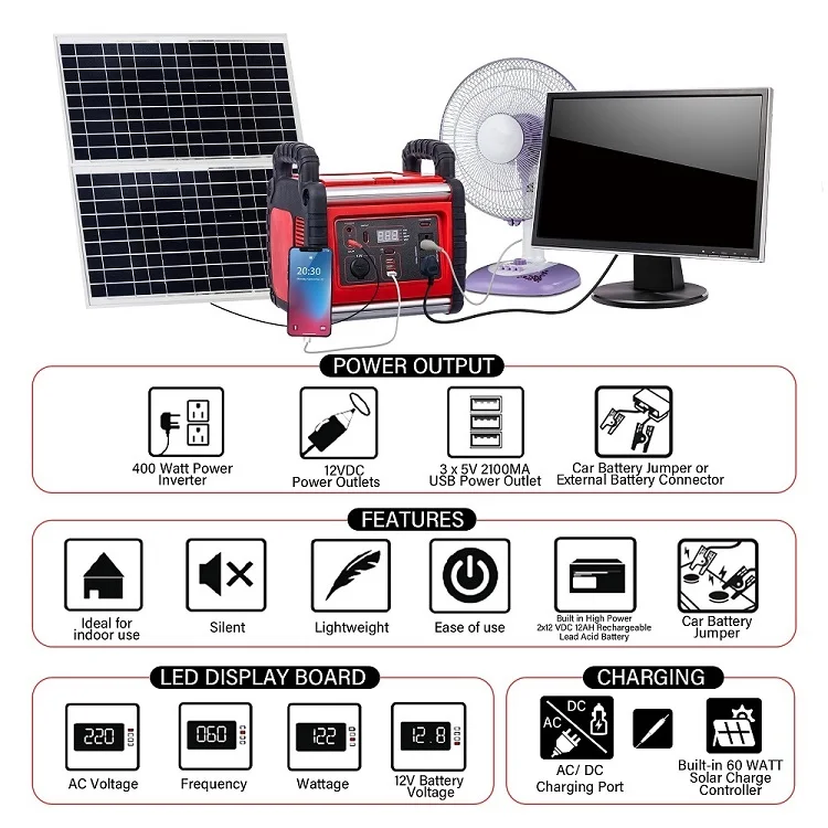400w 야외 휴대용 납 산성 배터리 태양 발전기 캠핑 자동차 점프 스타터 12v dc 110v 220v ac 보조베터리 역 태양