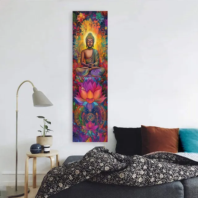 Statues de bouddha et décoration murale de Lotus, tapisserie verticale Mandala colorée, tenture murale, méditation, Religion, Art 2