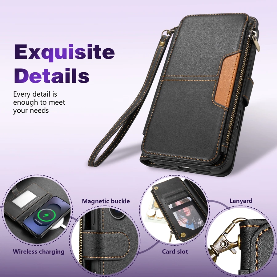 Leather Wallet Case with Multi-Card Slots, Zipper, Kickstand, and Magnetic Closure