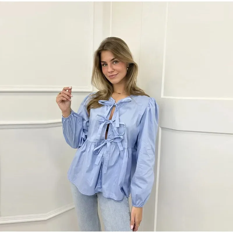 Sbbdf84d51ba34d9fbeb7f4475440e893D Fashion Leopard Print Bow Women Shirts Casual Long Sleeve O-neck Lace Up Blouses Spring Summer Retro Hollow Out Female Top Mallzona