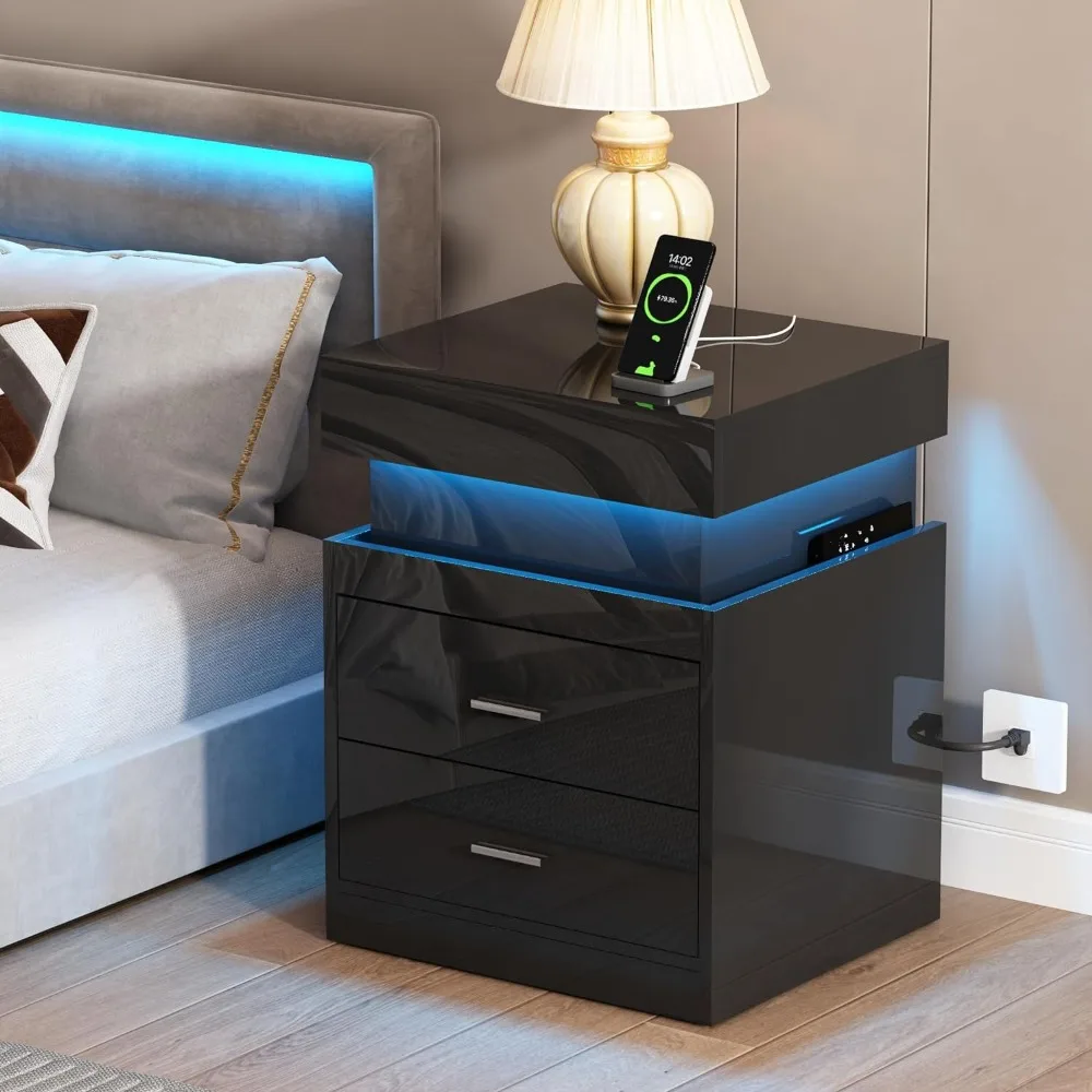 

LED Nightstand with Charging Station, Smart Night Stand with Sliding Top Storage, Bedside Table with 2 Drawer for Bedroom, Black