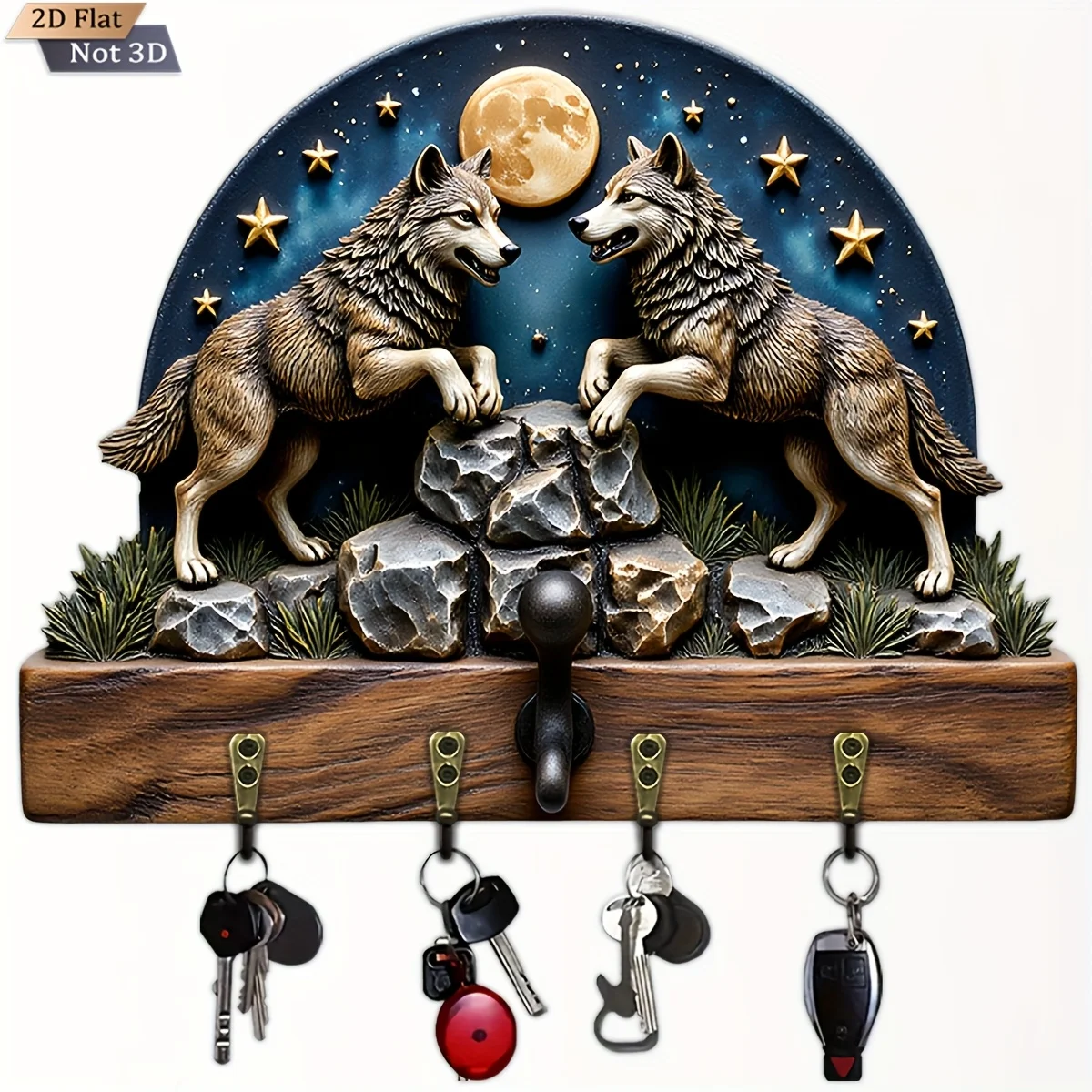 double-wolf-moonlit-wooden-key-hook-with-4-metal-hooks-wall-decor
