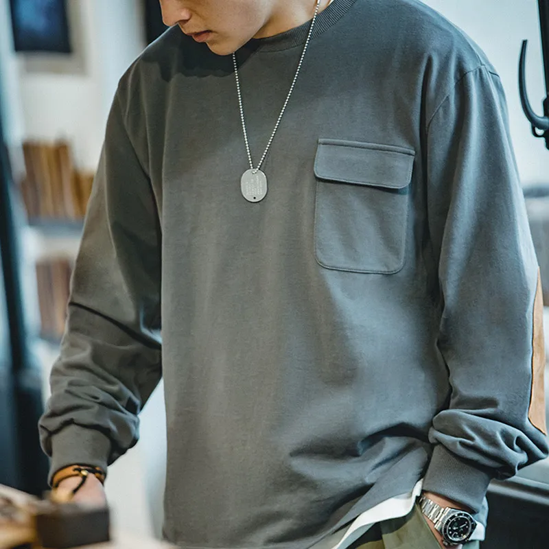 

Maden Japanese Vintage Long Sleeve T-shirt for Men Patchwork Pocket Loose O-neck Tops Solid Color 100% Cotton Casual Sweatshirt