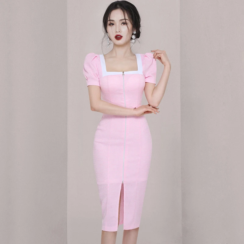 

Bodycon Dress For Women Short Sleeve Square Collar Slim Stretch Pencil Midi Evening Party Occasion Dress
