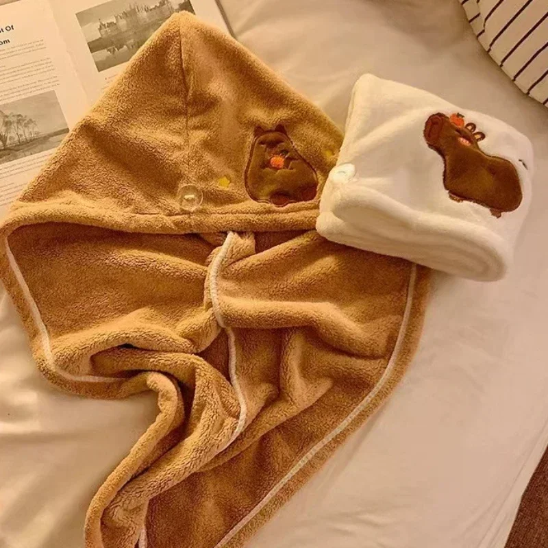 Cute Cartoon Capybara Plush Dry Hair Cap Good Absorbent Quick Dry Coral Velvet Shower Cap for Women Kids Kawaii Girl Hair Towel