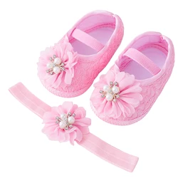 Elegant Infant Girls' Pearl Flower Dress Shoes with Headband - 13-18 Months (Pink)