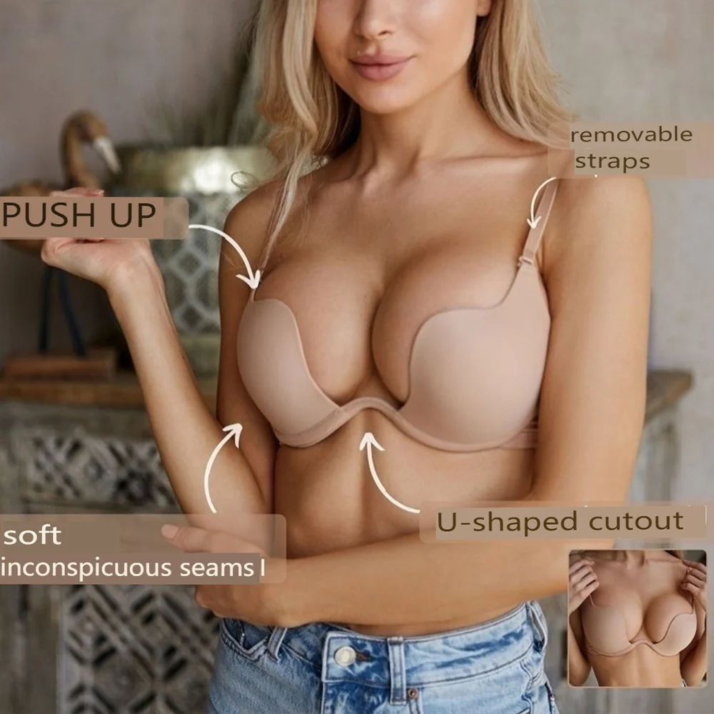 Seamless Traceless Underwear for Women Open Cup Push Up Deep U Backless  Invisible Bra 1PCS