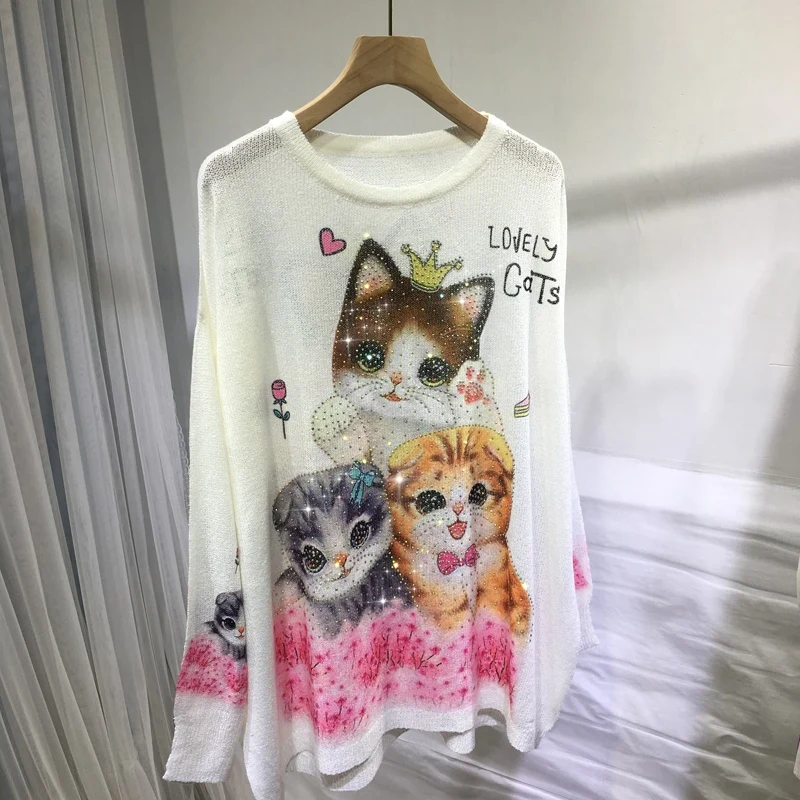 

2023 New Spring Summer Thin Sweaters for Women All-match Loose Ice Silk Knitting Long Sleeve T-shirt Hot Drill Cats Pullover Top